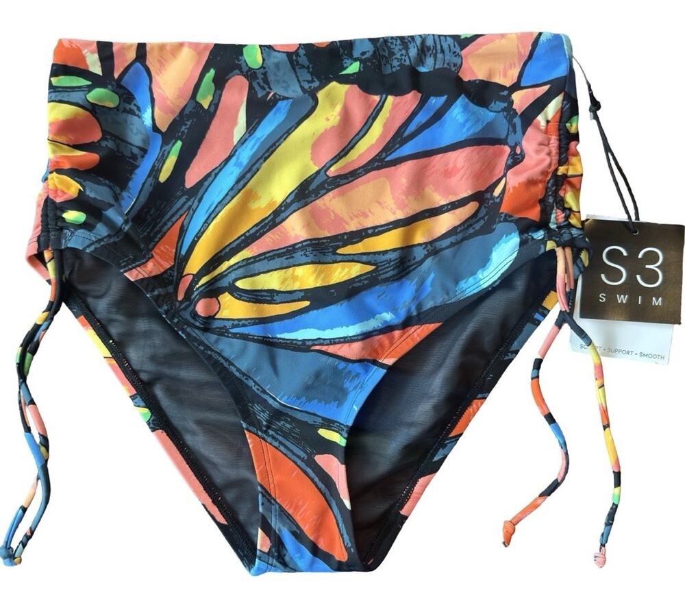 S3 Swim Bikini Bottom Size Small NWT Tropical Floral Side Tie Ruched‎ UPF 50+